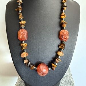 Agate , Hematite and Tiger Eye Necklace with Gold Tone Findings